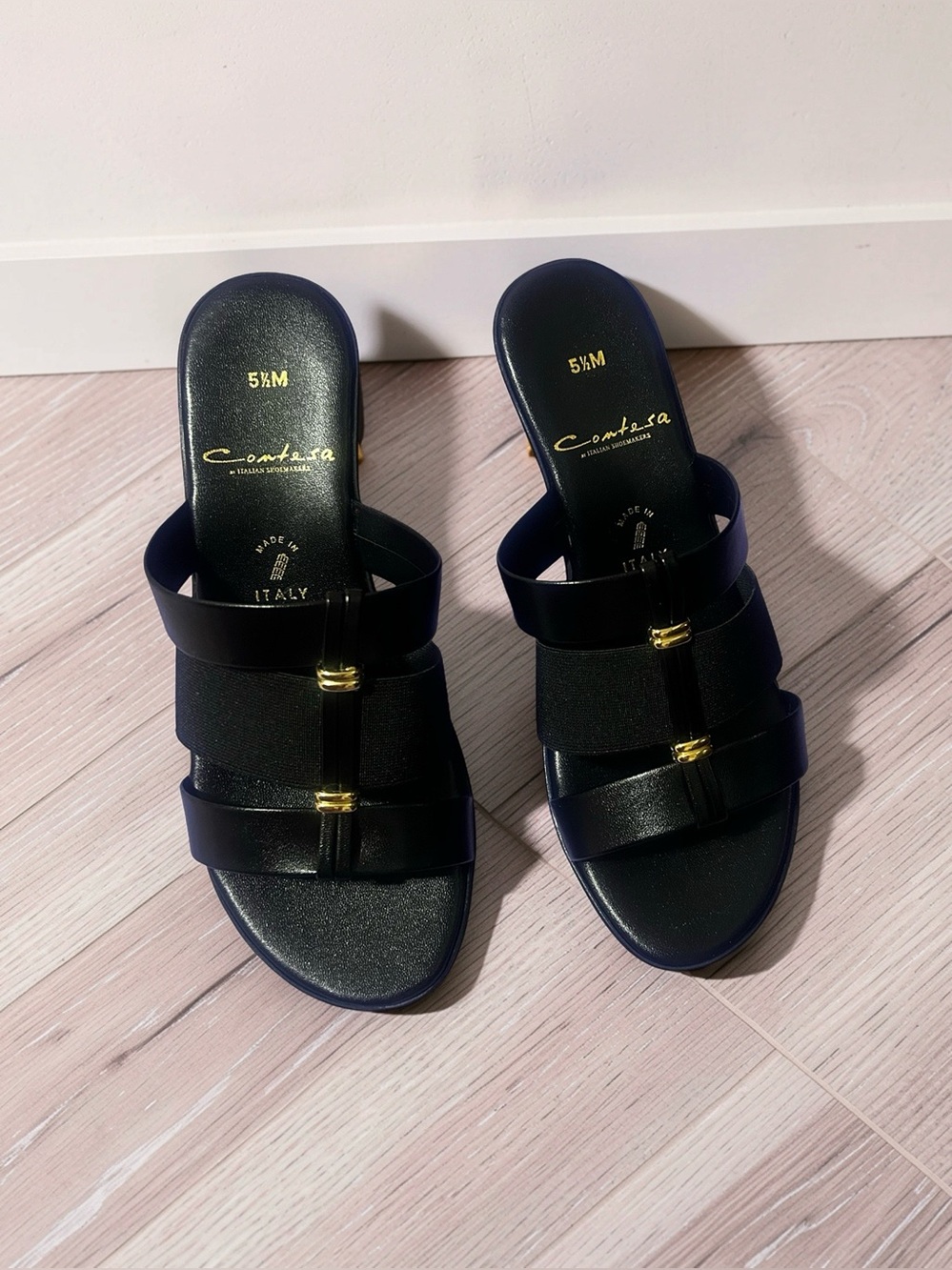 Black Leather Slide Mules with Gold Accents